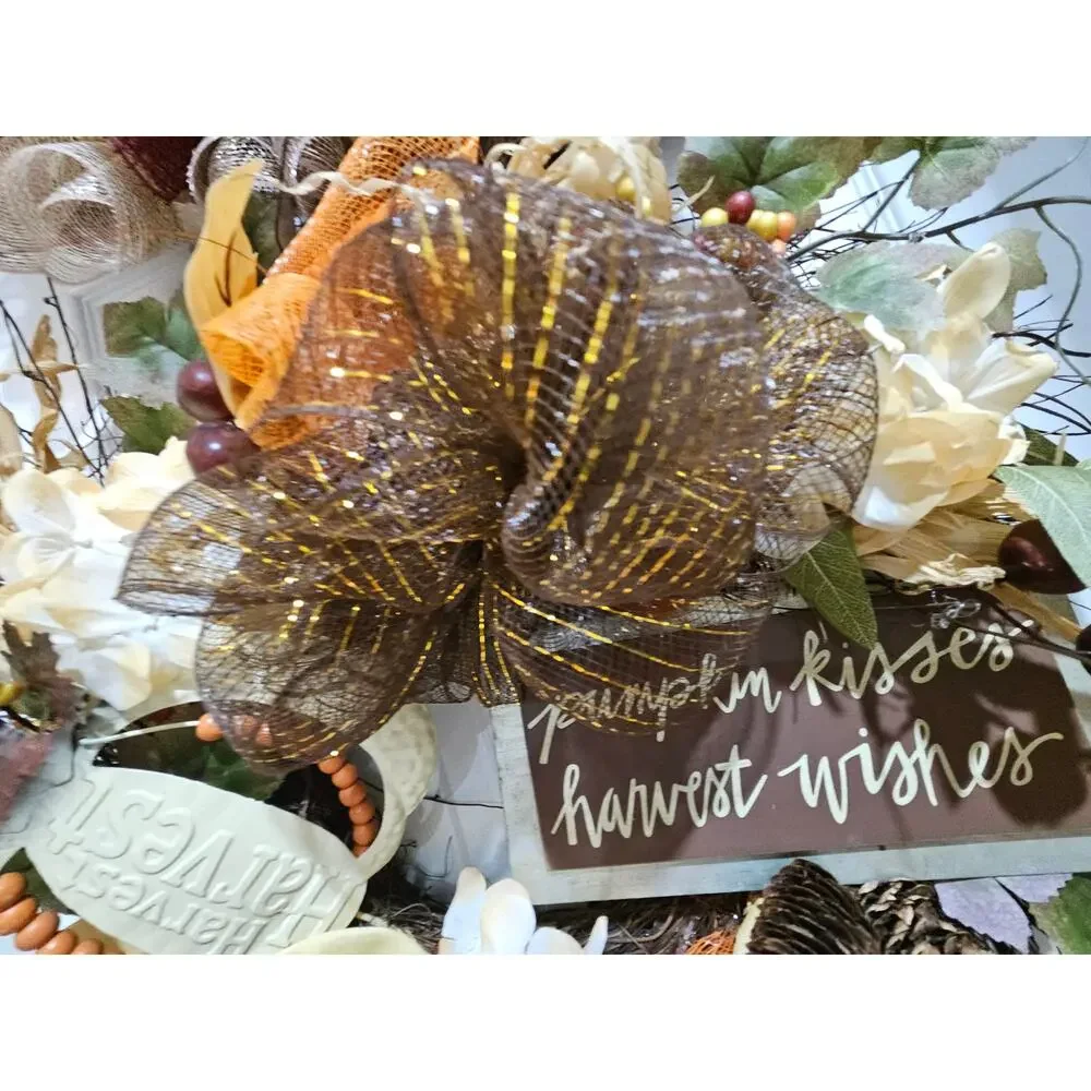 pumpkin kisses harvest wishes Handmade Wreath Fall Autumn Brown Orange 24